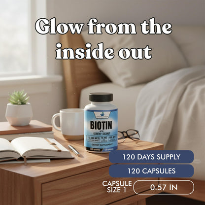 Imported high dose biotin 20000 mcg bottle showing allergen free icons
