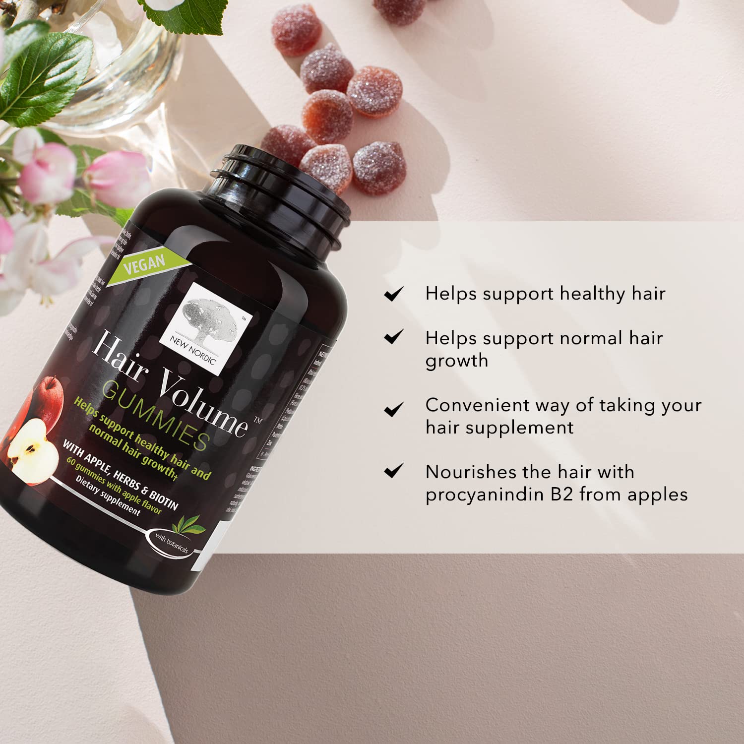 New Nordic Hair Volume chewable vitamins packaging highlighting apple extract and biotin ingredients
