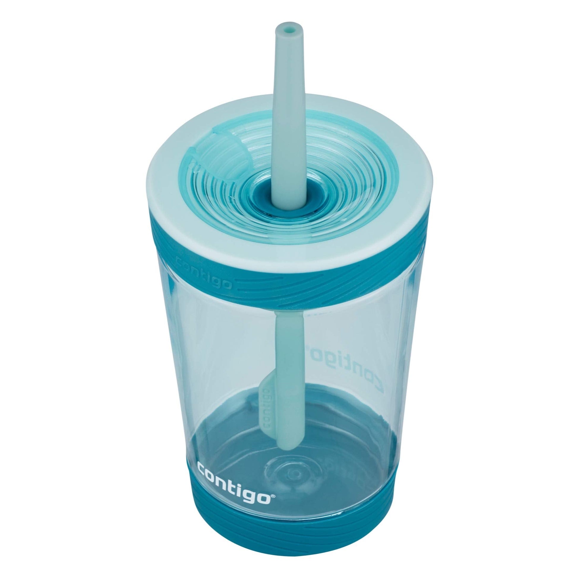 Contigo Honeydew fourteen ounce toddler cup showing the innovative twist apart easy clean straw mechanism
