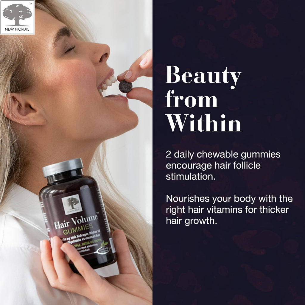 Side label of New Nordic Hair Volume Gummies showing 2500 mcg biotin and zinc nutritional values