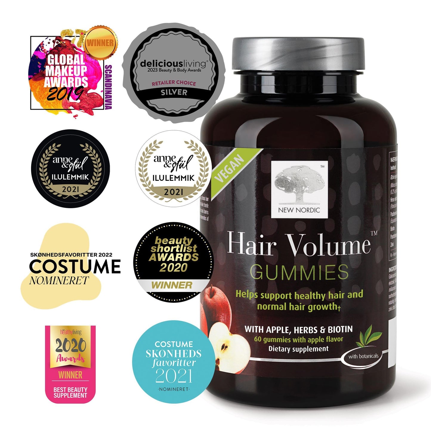 Top view of New Nordic Hair Volume natural apple flavored chewable hair supplements
