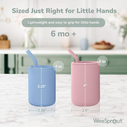 WeeSprout toddler training cups showcasing the soft curved silicone straw design for safe independent drinking.