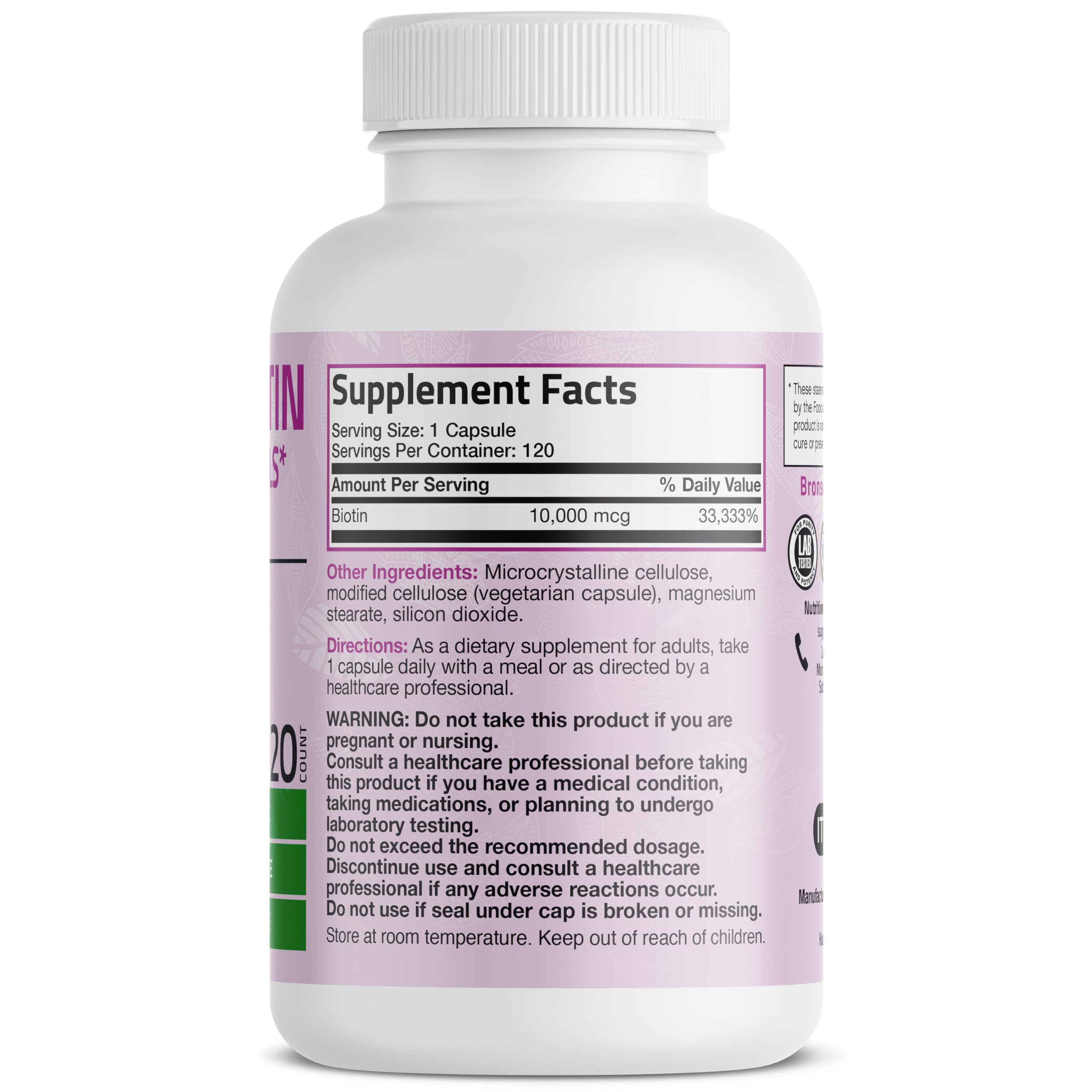 Bronson high potency biotin vegetarian capsules nutritional supplement facts label