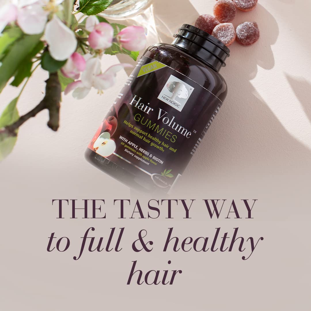 New Nordic Hair Volume 60 count bottle displaying Swedish formula and non-GMO seals