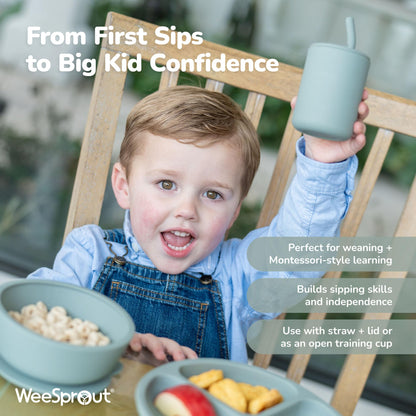 WeeSprout silicone cups demonstrating the built in straw stopper feature that prevents toddlers pulling straws out.