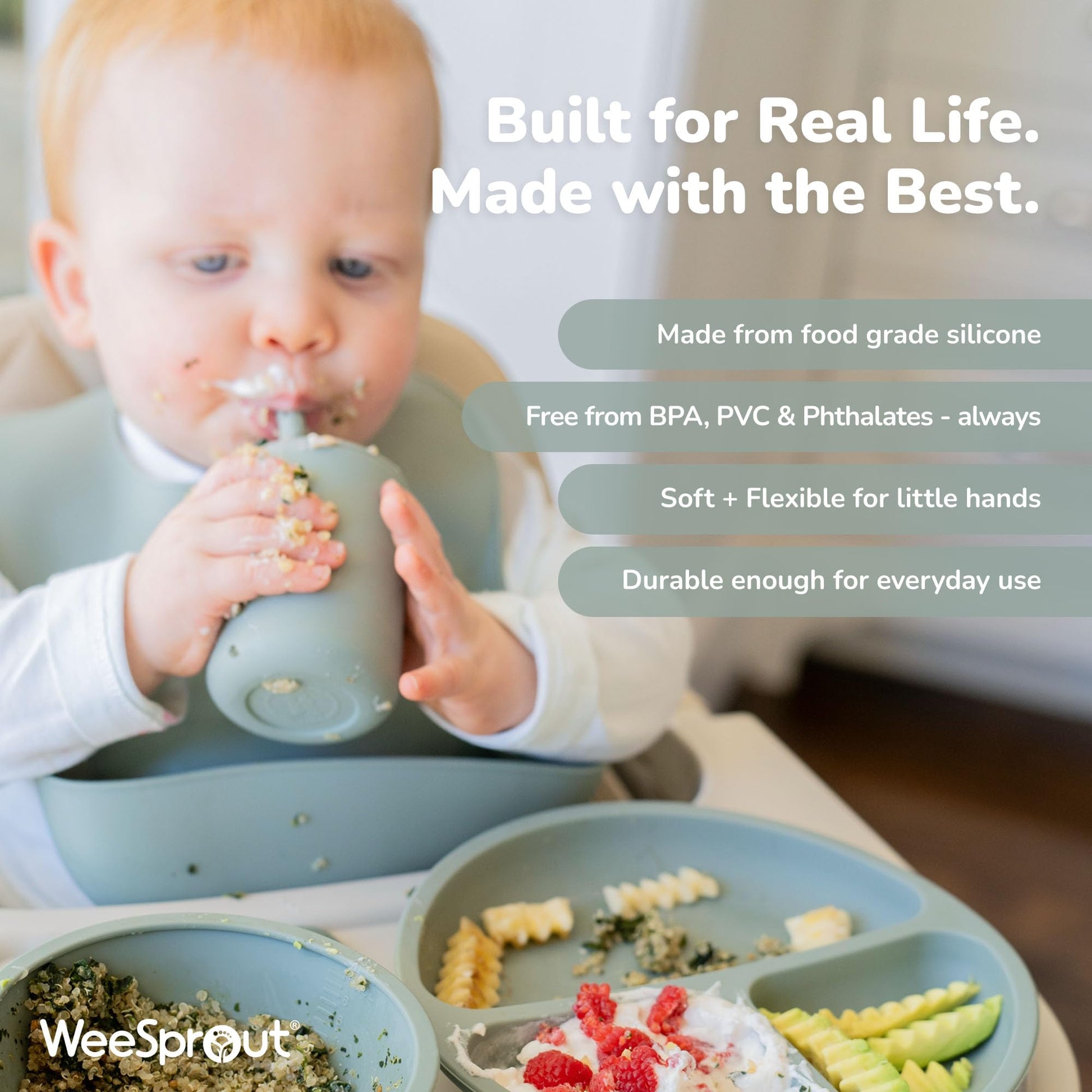 WeeSprout baby straw cups set of two displayed with the included specialized steel straw cleaner brush.