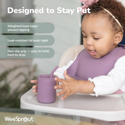 Side view of break resistant WeeSprout food grade silicone toddler container showing the secure spill resistant lid.