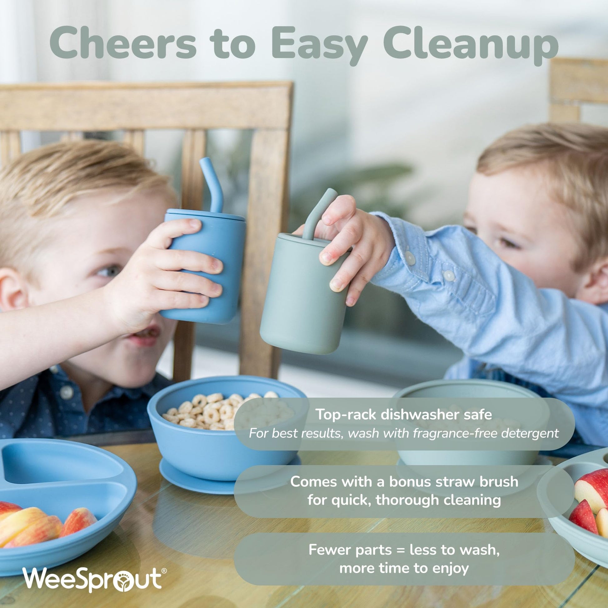 WeeSprout silicone baby cups in multiple color options tailored for toddler mealtime self feeding milestones.