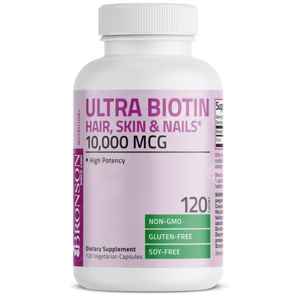 Side view of Bronson ultra biotin 120 count vegetarian capsule bottle