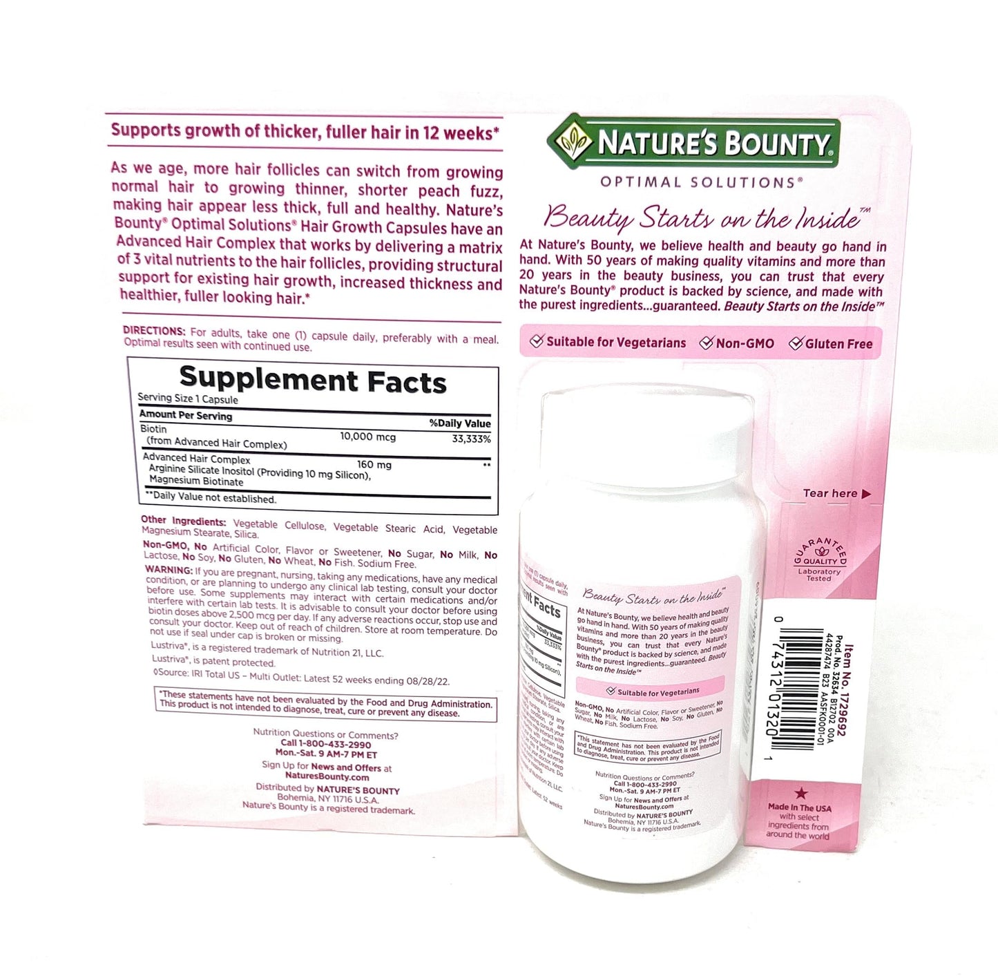 Nature's Bounty Hair Growth one per day vegetable capsules displayed on flat surface