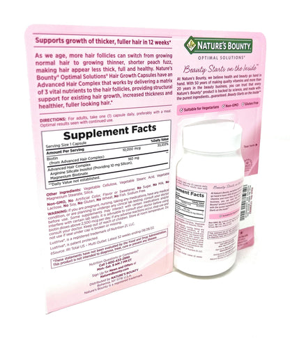 Authentic Nature's Bounty imported hair growth vitamin bottle side directions layout
