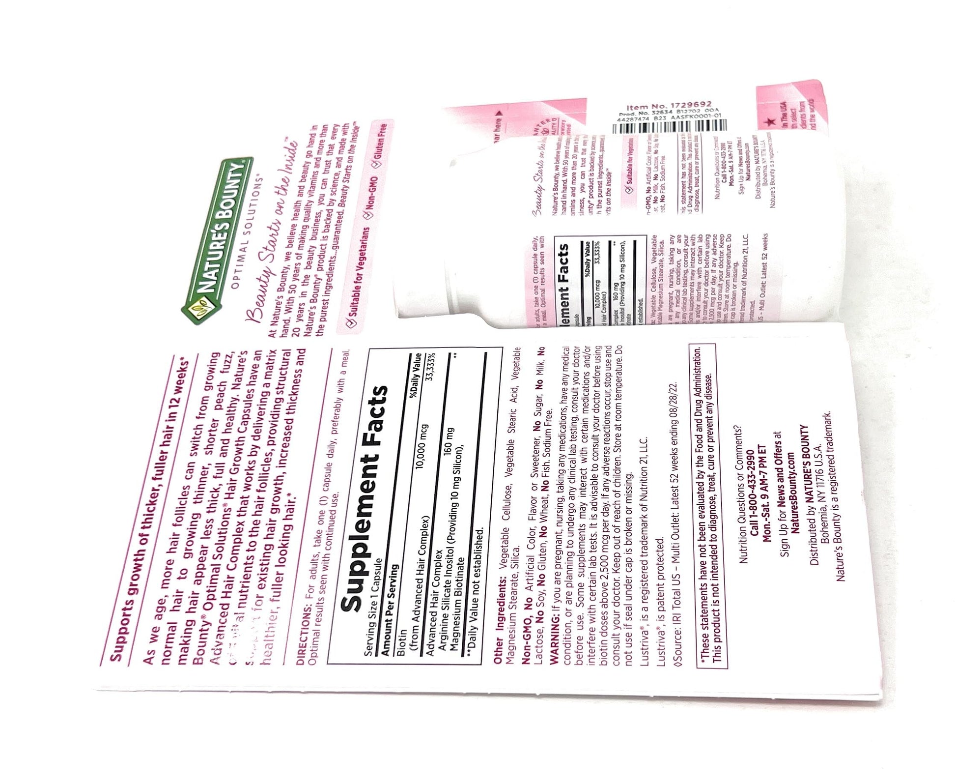 Nature's Bounty biotin silicon and arginine advanced hair complex container display