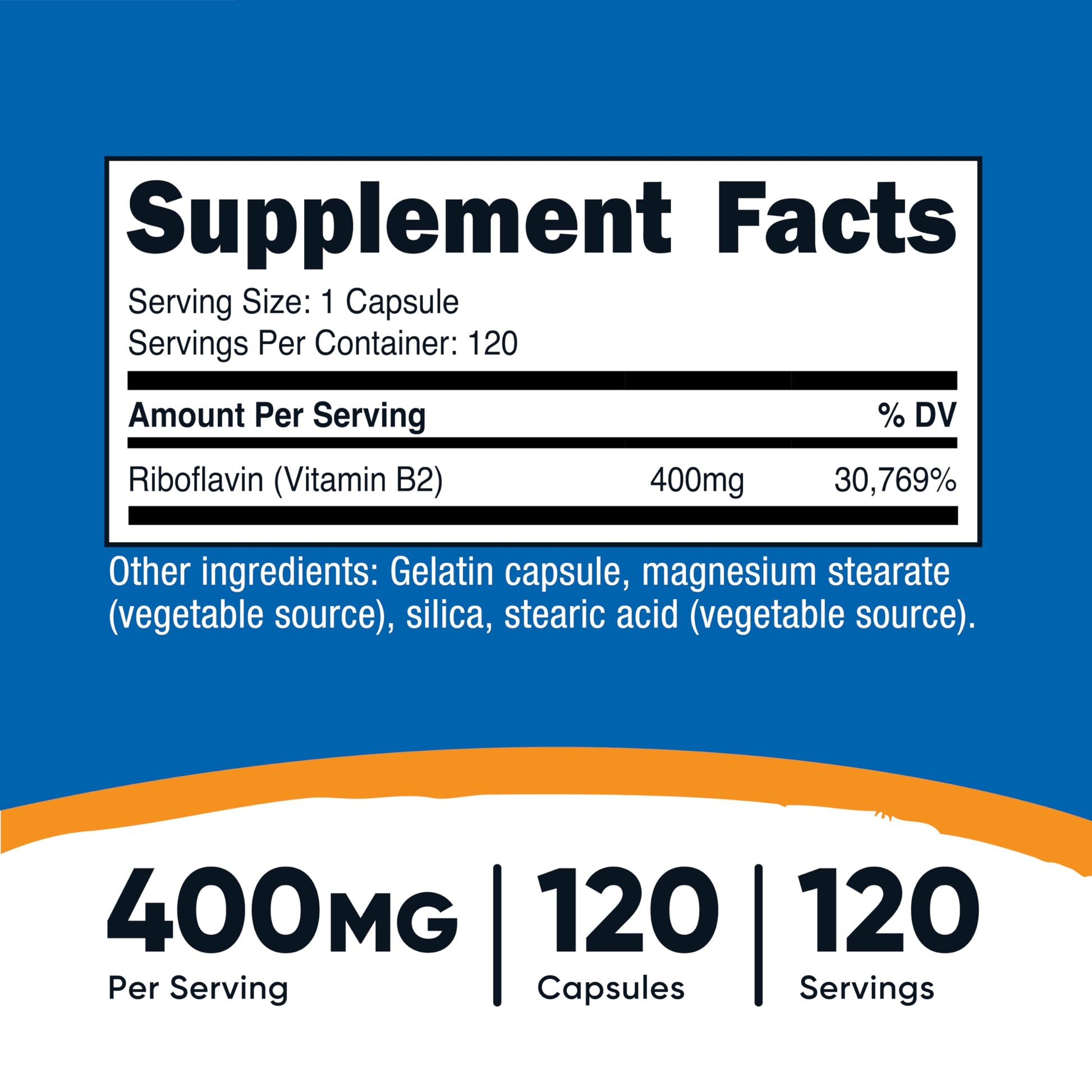 Nutricost Vitamin B2 120 capsules nutritional facts label showing 400 milligrams serving size
