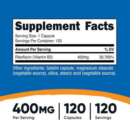 Nutricost Vitamin B2 120 capsules nutritional facts label showing 400 milligrams serving size