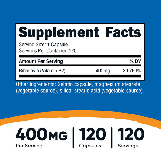 Nutricost Vitamin B2 120 capsules nutritional facts label showing 400 milligrams serving size