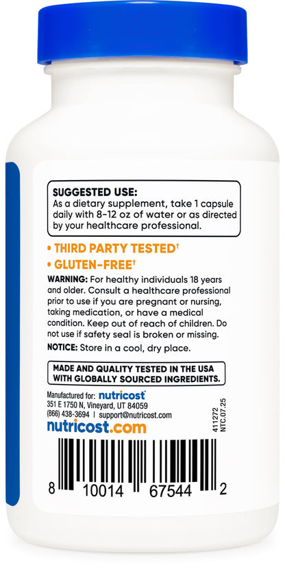 Nutricost premium non GMO and gluten free quality verification seals on bottle