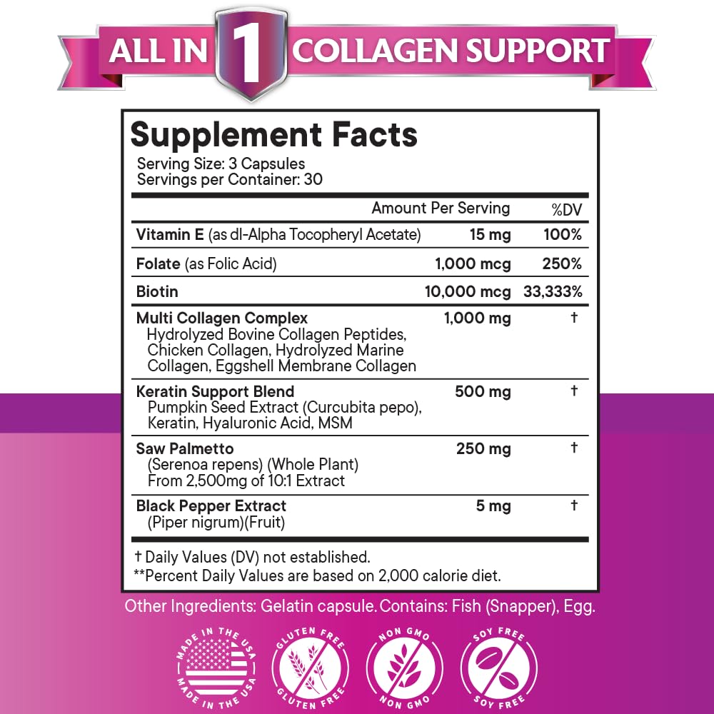 Premium grass fed collagen capsules with saw palmetto and keratin ingredient label side panel