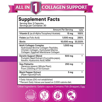 Premium grass fed collagen capsules with saw palmetto and keratin ingredient label side panel