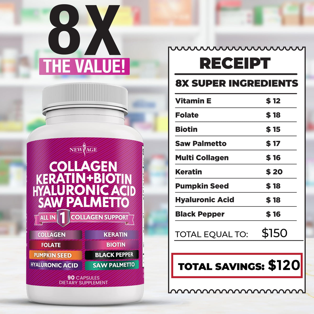 New Age dietary supplement capsules showing nutritional facts including folate and hyaluronic acid