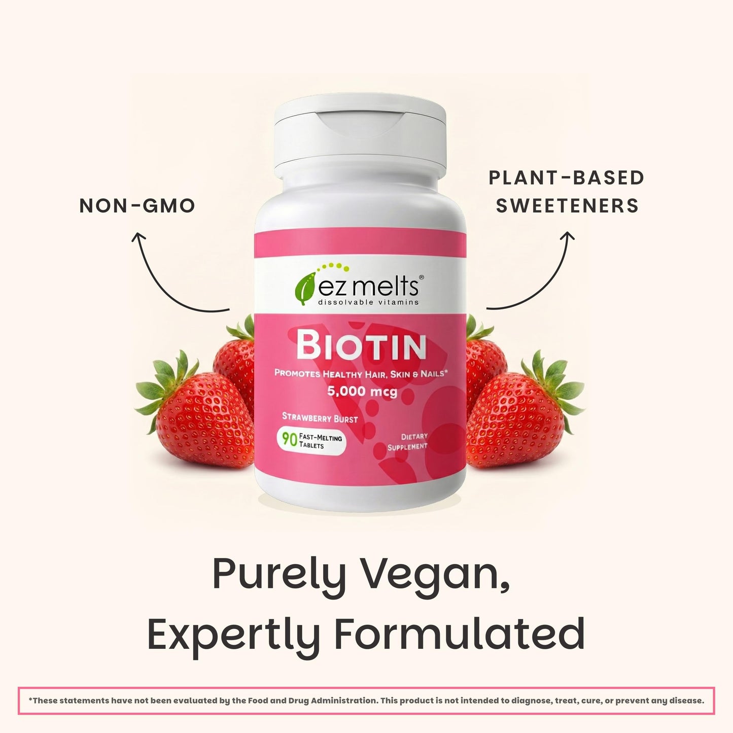 EZ Melts 90 tablet bottle showing vegan and non-GMO seals