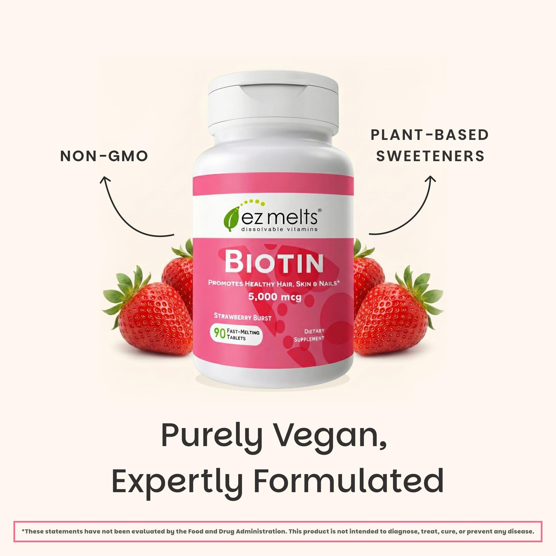 EZ Melts 90 tablet bottle showing vegan and non-GMO seals