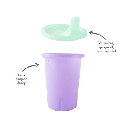 Close-up view of the spill-proof snap-on lid mechanism on the ten ounce plastic child cup.