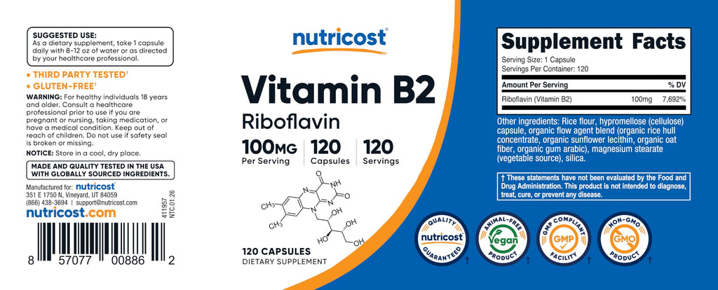 Nutricost premium riboflavin one hundred and twenty vegetarian capsules packaging