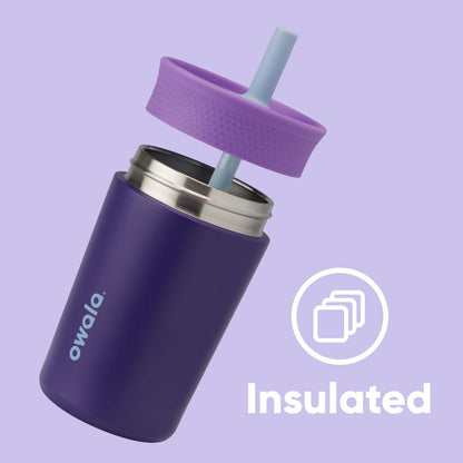 Side profile of Owala Peacock Palace purple kids stainless steel cup