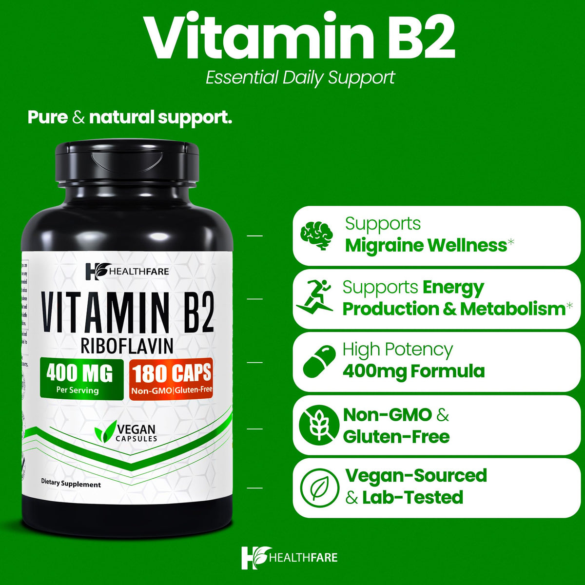 HealthFare Vitamin B2 400mg supplement facts label showing non GMO and gluten free icons
