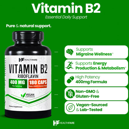 HealthFare Vitamin B2 400mg supplement facts label showing non GMO and gluten free icons