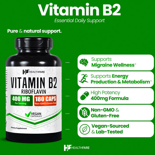 HealthFare Vitamin B2 400mg supplement facts label showing non GMO and gluten free icons