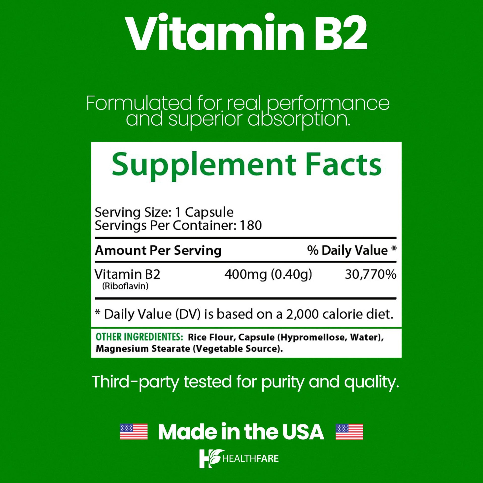 Side view of HealthFare high potency Riboflavin 400 mg imported nutritional supplement packaging