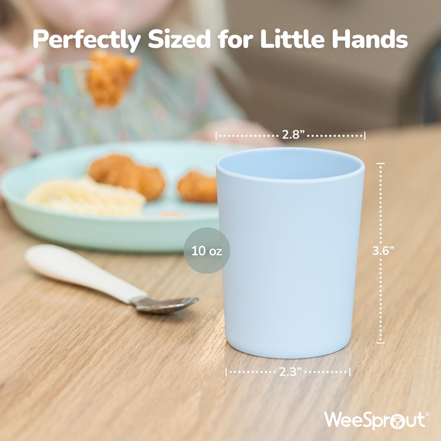 WeeSprout organic kids drinking glasses stacked together on a clean kitchen counter