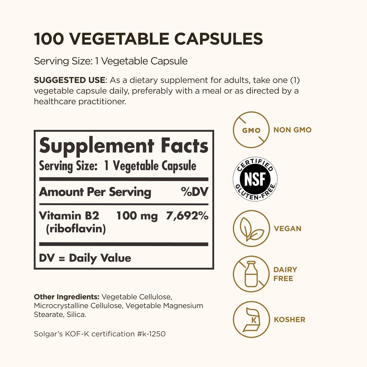 Solgar Vitamin B2 100 vegetable capsules supplement facts and clean ingredient label