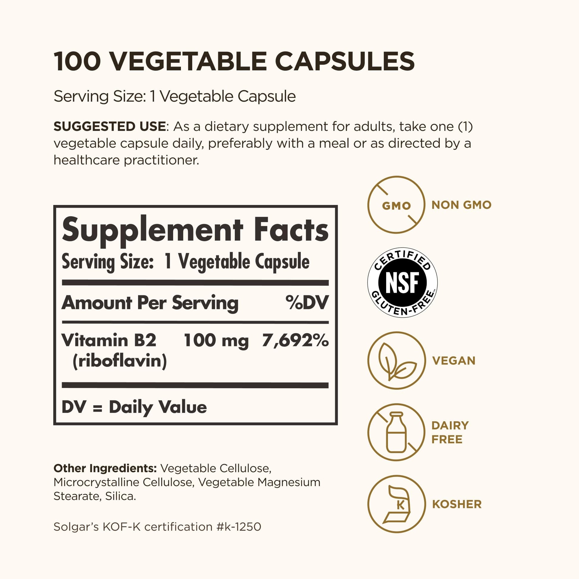 Solgar Vitamin B2 100 vegetable capsules supplement facts and clean ingredient label