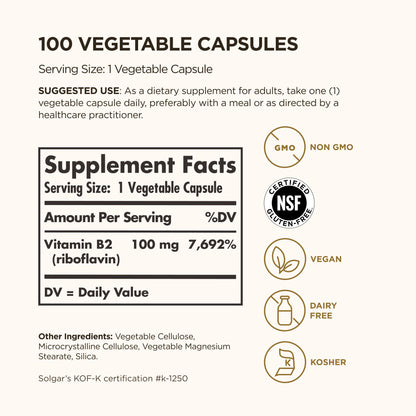 Solgar Vitamin B2 100 vegetable capsules supplement facts and clean ingredient label