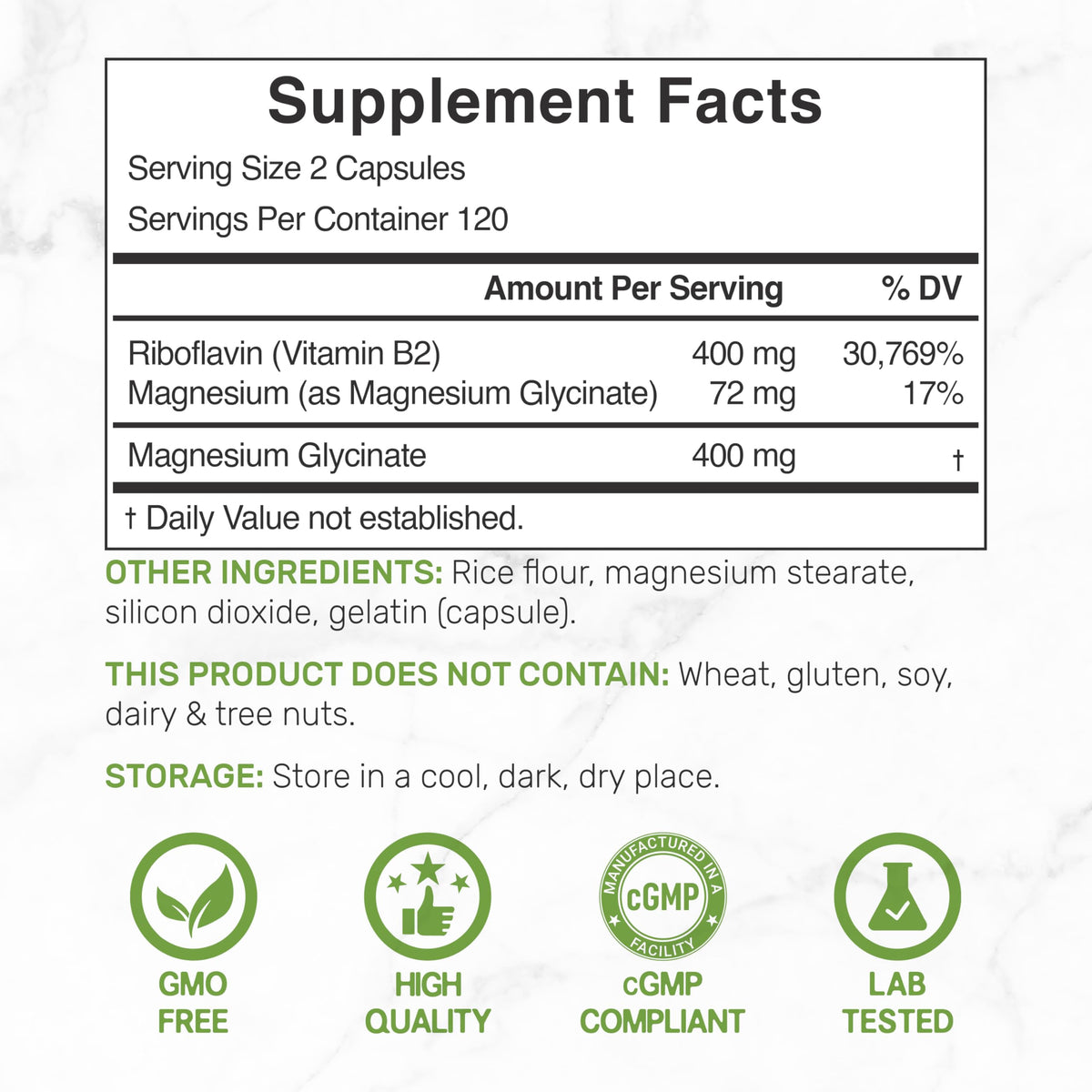 Deal Supplement Riboflavin and Magnesium 240 capsules supplement facts panel