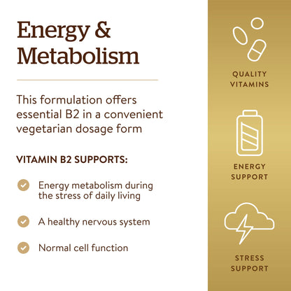Solgar Vitamin B2 dietary supplement bottle showing non GMO and gluten free seals