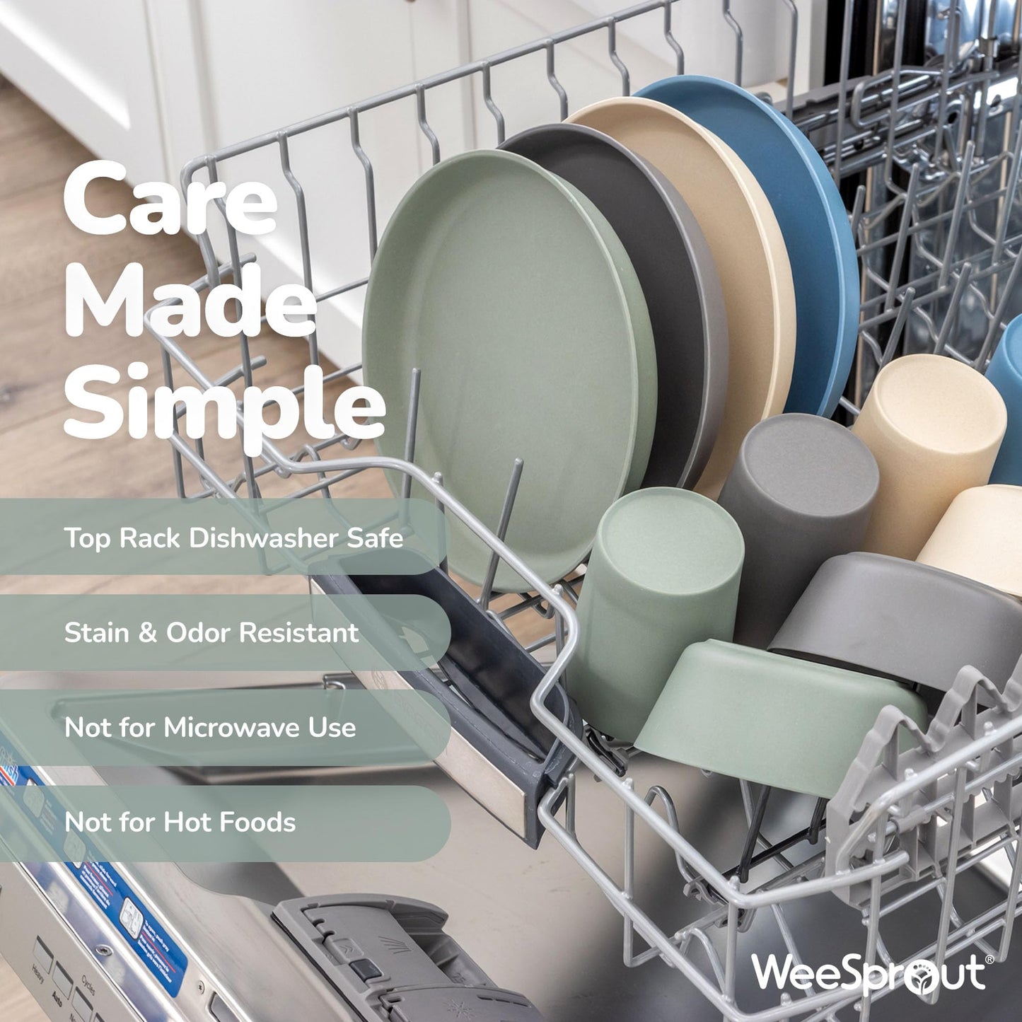 Durable eco friendly bamboo baby cups being loaded into a home dishwasher rack