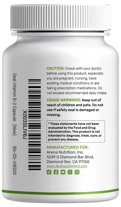 Deal Supplement 400mg Riboflavin complex 120 days supply packaging back view