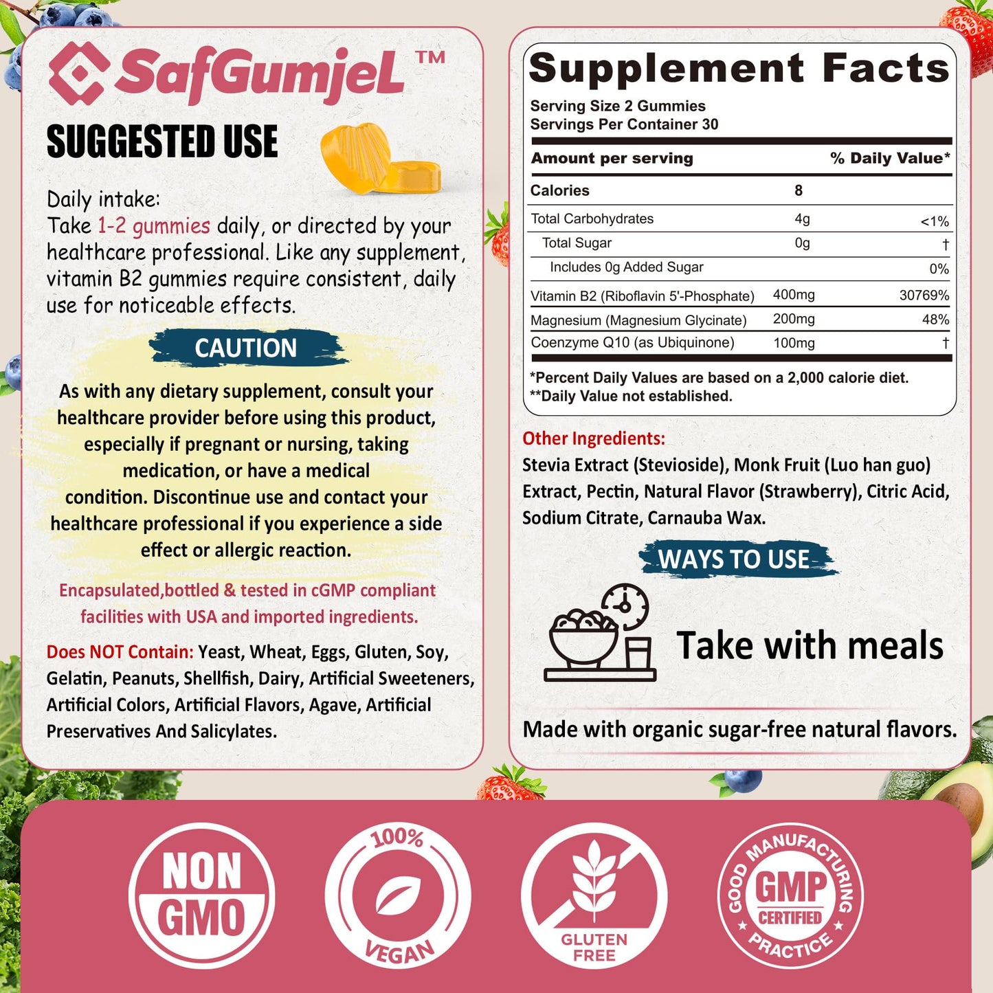 SmildeHeal Riboflavin 400mg strawberry flavored vegan gummies supplement facts label highlighting sugar free and clean ingredients
