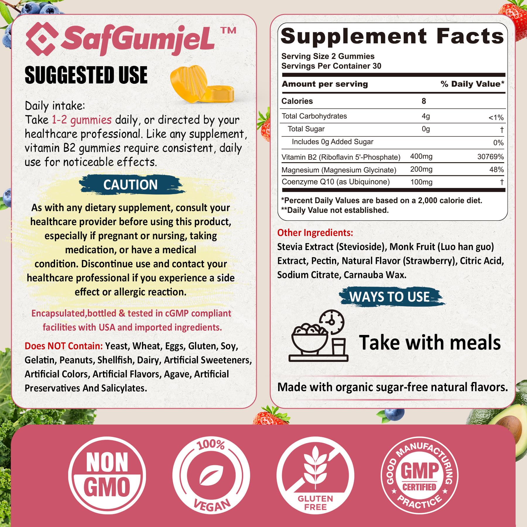 SmildeHeal Riboflavin 400mg strawberry flavored vegan gummies supplement facts label highlighting sugar free and clean ingredients