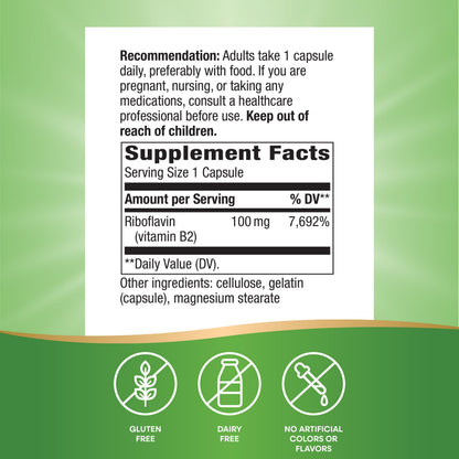 Gluten free riboflavin capsules showing clean ingredient profile