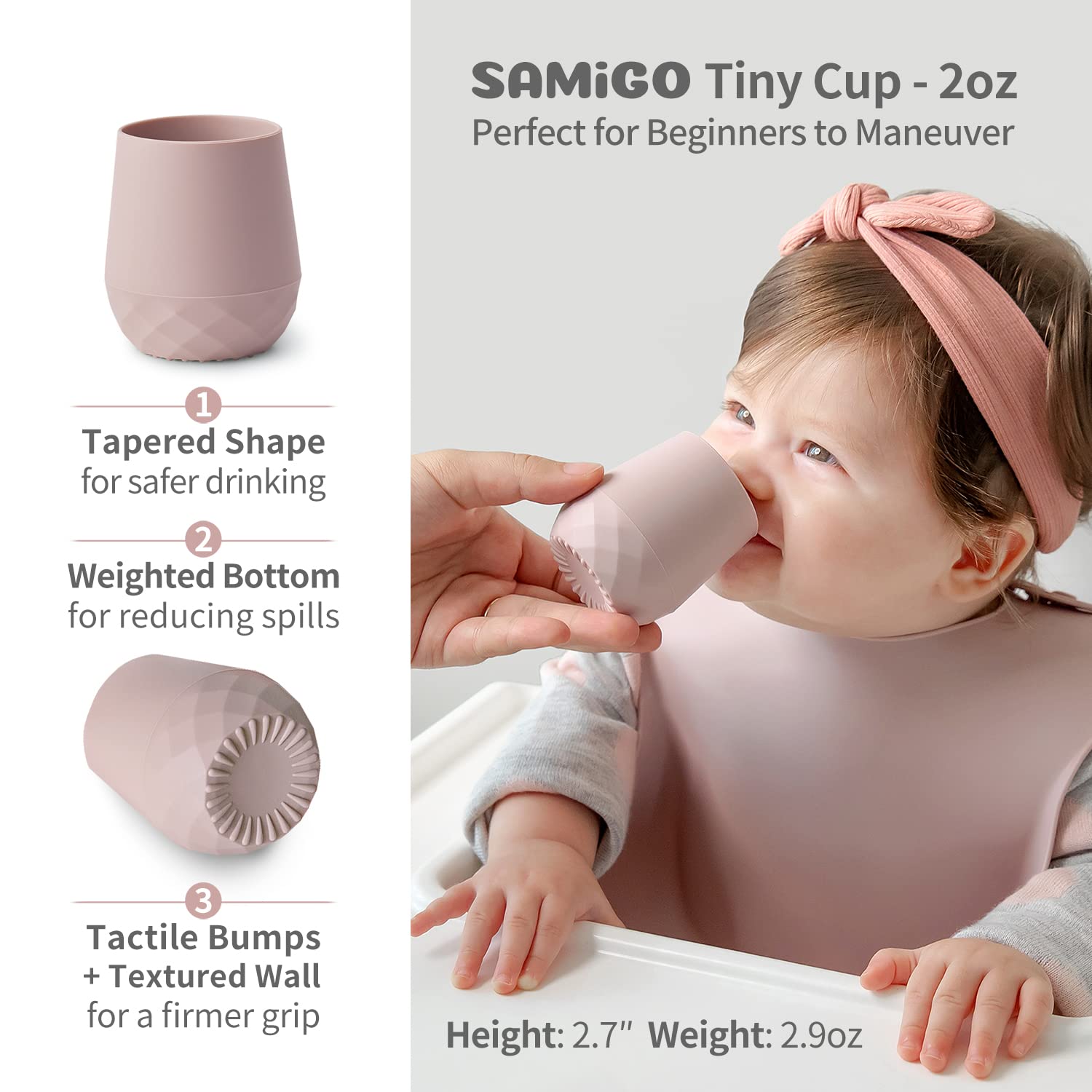 Two ounce pink silicone training tumbler displayed on a baby high chair tray.