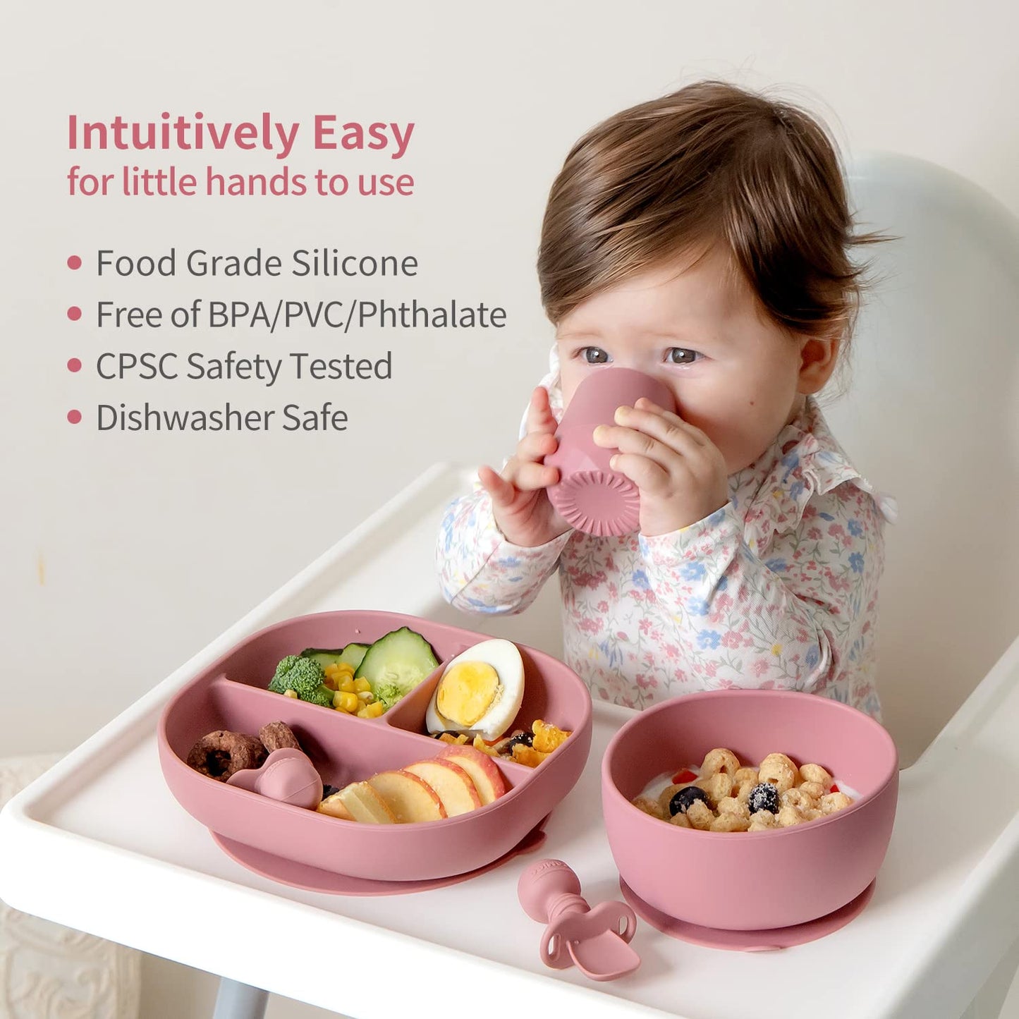 SAMiGO baby led weaning supply cup showcasing its weighted and textured spill resistant base.