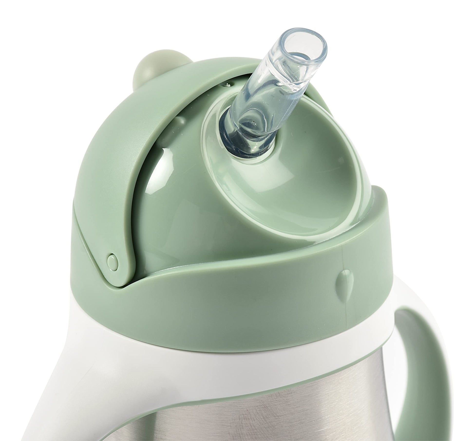 Insulated toddler training cup with the leak-proof slide lid open showing the silicone straw.