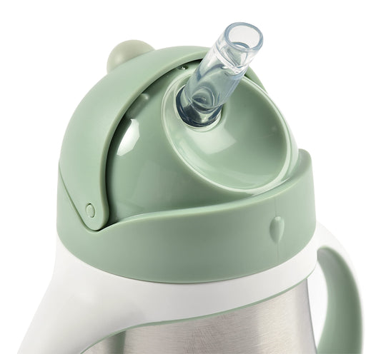 Insulated toddler training cup with the leak-proof slide lid open showing the silicone straw.