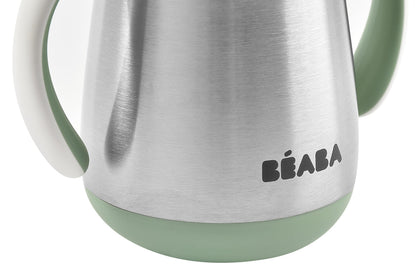 Béaba toddler travel cup with removable ergonomic handles detached from the main body.