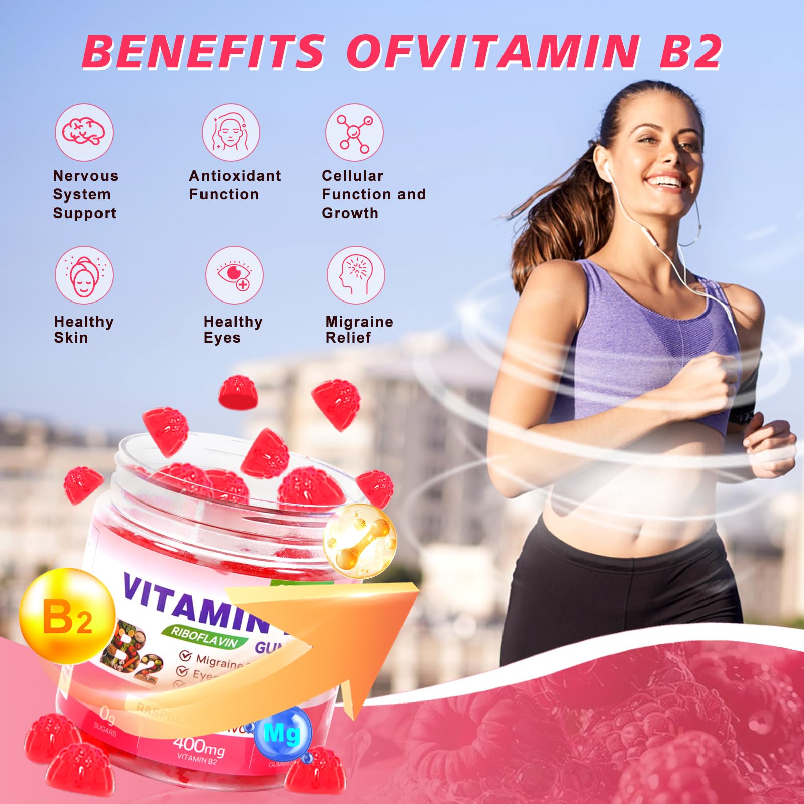 Natural raspberry flavor premium headache relief gummies container cap and safety seal detailing