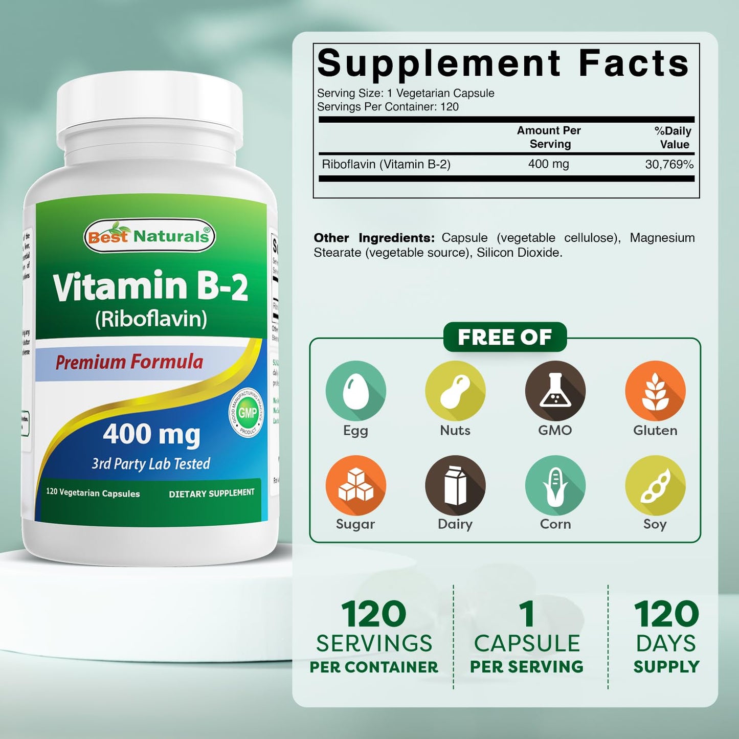 Best Naturals Riboflavin 120 vegetarian capsules supplement facts label